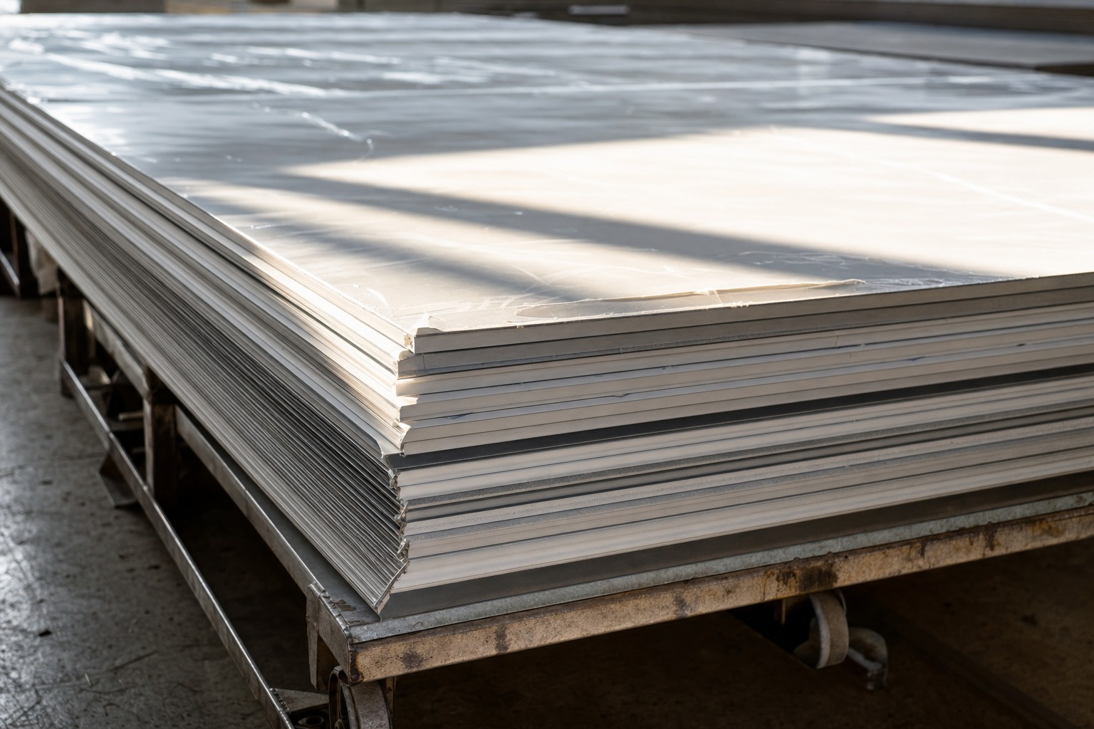 Stack of white aluminum composite Alupanel sheets ready for printing in a professional print facility
