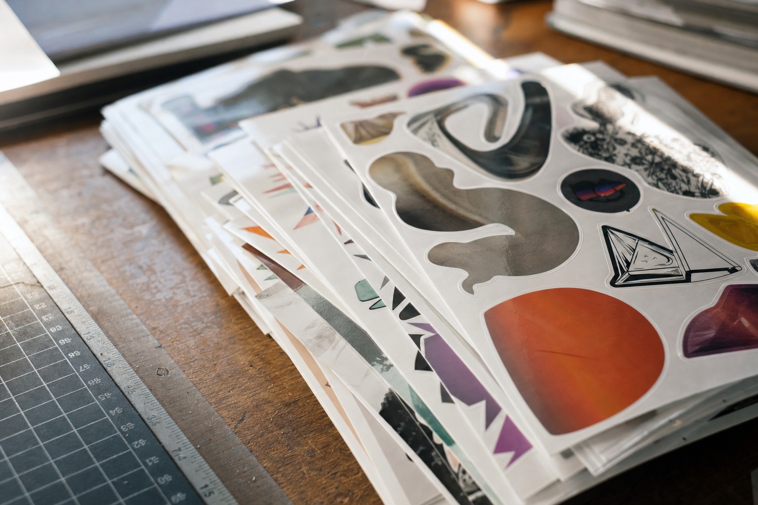 A stack of freshly cut vinyl sticker sheets displayed on a print shop worktable, showing various finishes and die-cut shapes caught in natural window light.