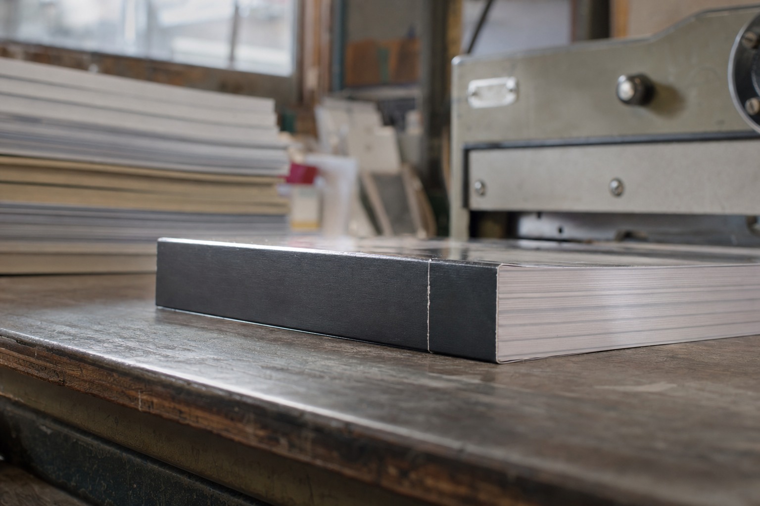Close-up of a reliure allemande bound book showing the square spine with adhesive binding and wrapped cover panels in a printing facility.