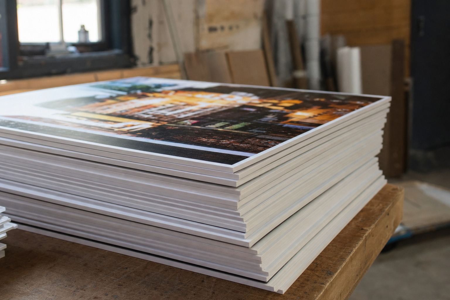 Stack of printed white Sintra PVC poster boards with vibrant graphics displayed in a print shop environment.